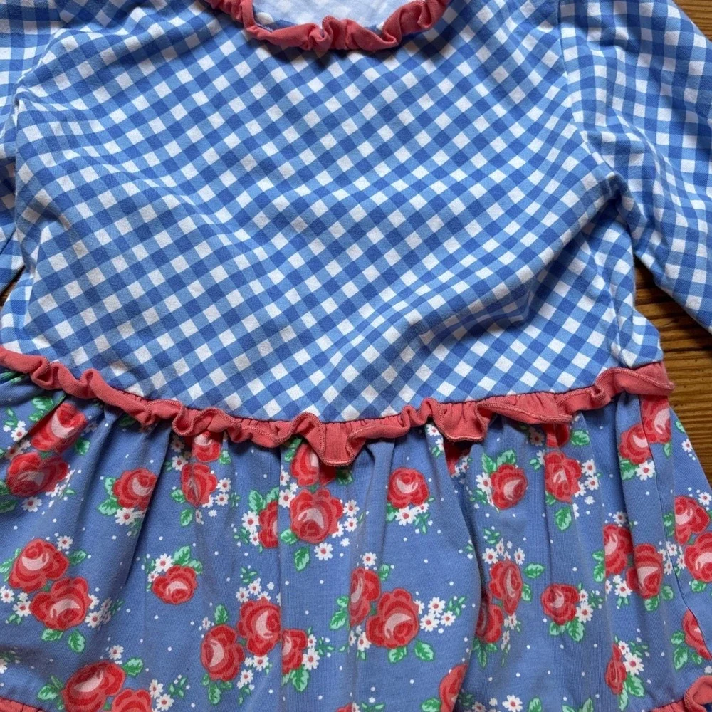 Serendipity‎ Dress Kids Blue Gingham Floral Tiered Ruffle Excellent SIZE M 5-6